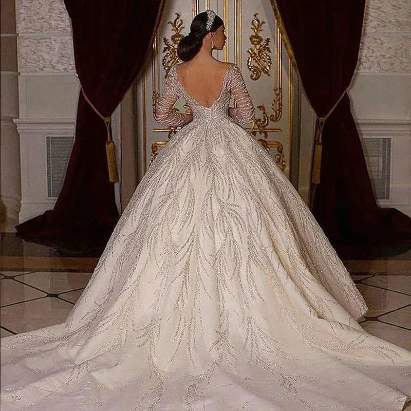 Customized Romantic Ball Gown Wedding Dress Luxury O-neck Beading Bridal Gown