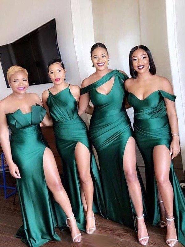 Sheath/Column Off-the-Shoulder Elastic Woven Satin Ruched Sleeveless Sweep/Brush Train Bridesmaid Dresses - RongMoon