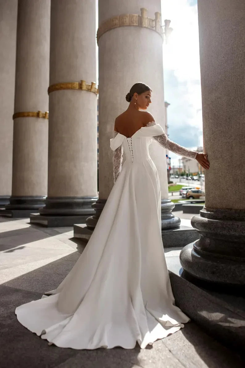 Princess Off The Shoulder Long Sleeves Sweetheart Lace Applique Boho Beach A Line Wedding Dresses