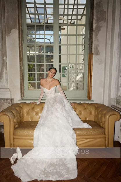Elegant Off-Shoulder Lace A-line Wedding Dress Backless Gowns