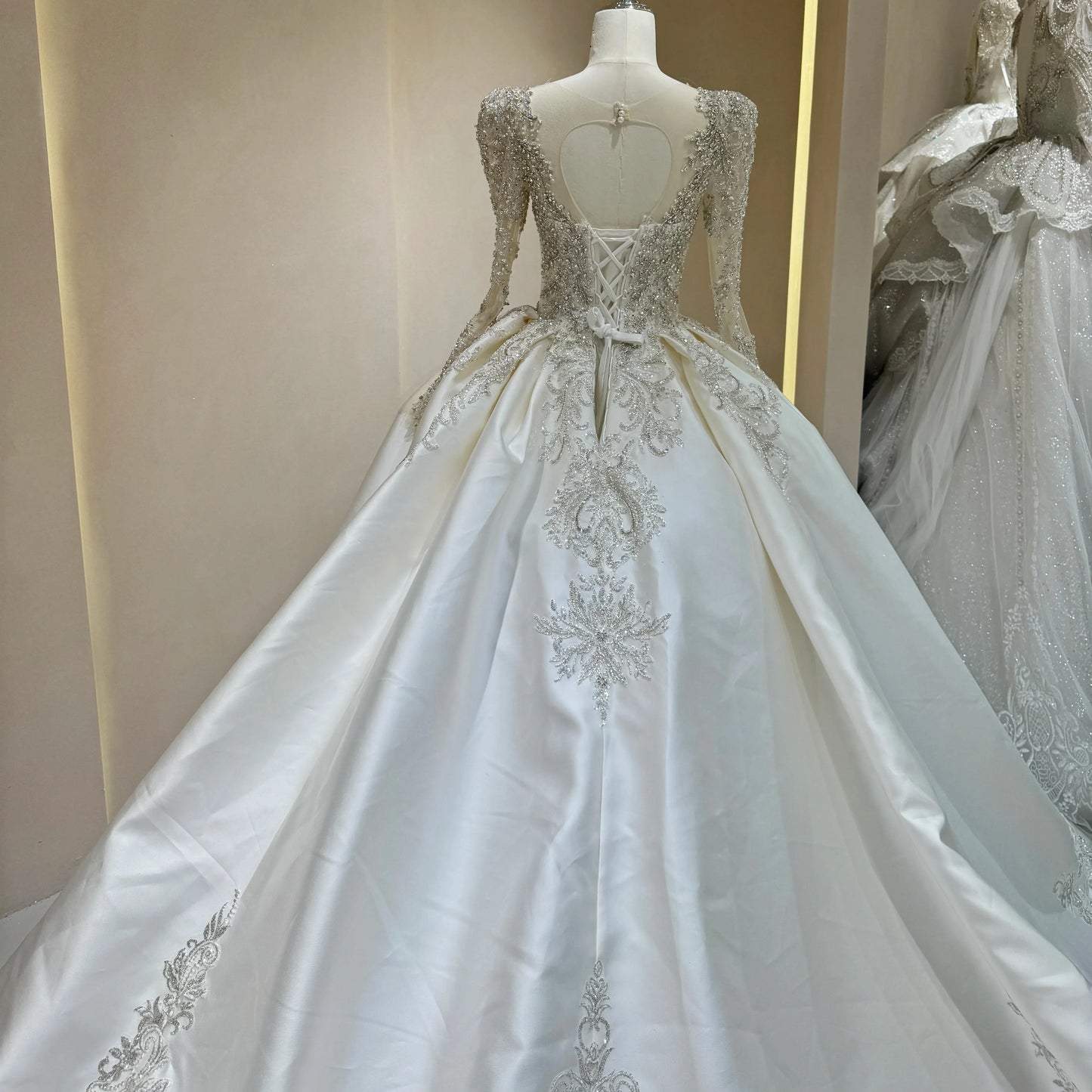 Luxurious Bridal Gown with Sparkling Embellishments Lace Embroidery and Long Train Wedding Dress