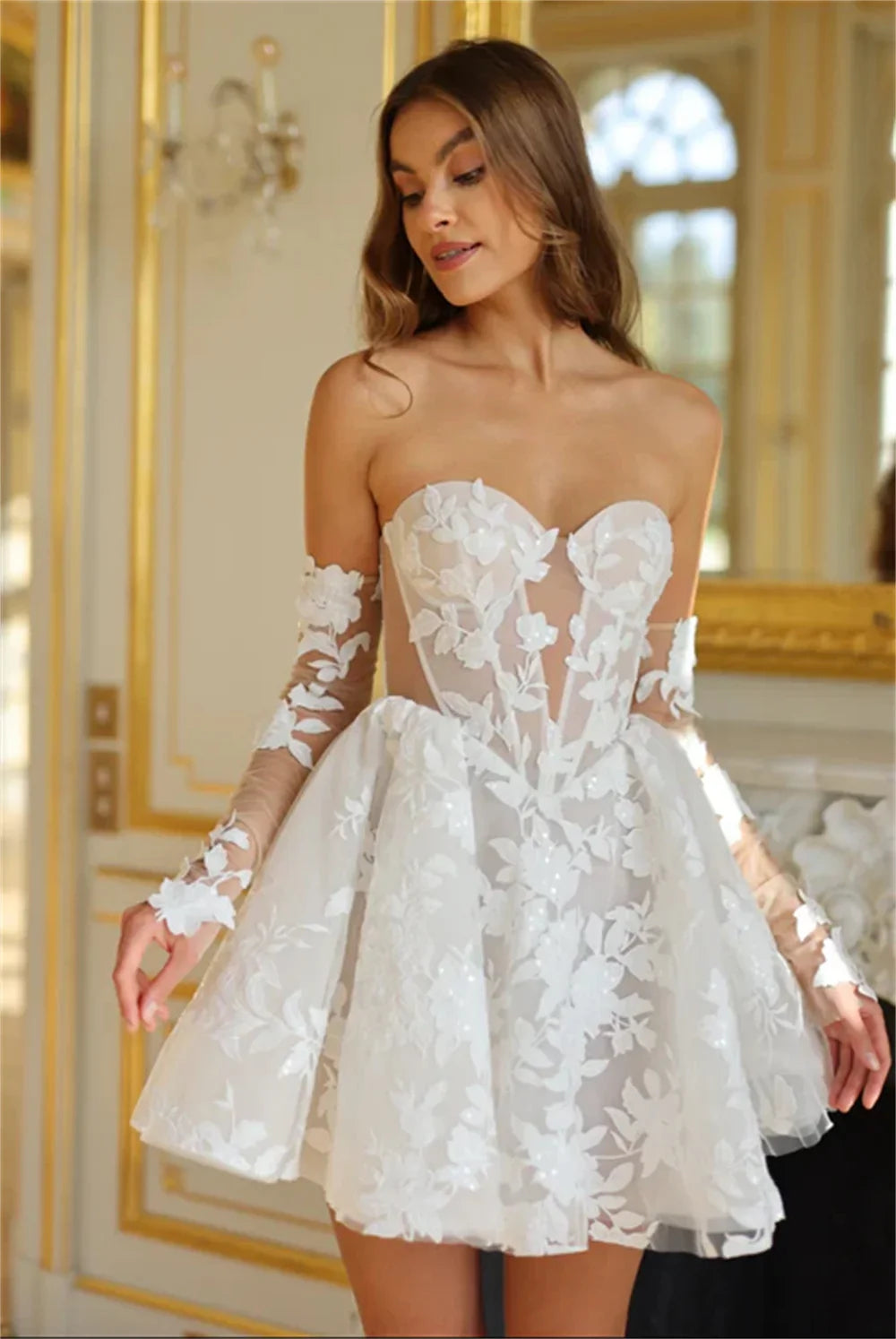 Cathy White Lace Appliques Mini Corset Wedding Dress After Party Dresses