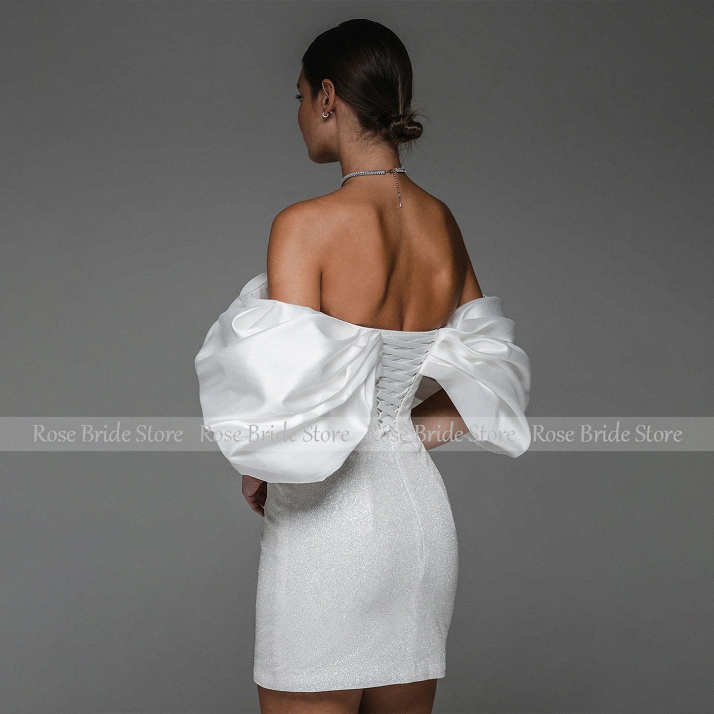 Short Wedding Dress for Bride Off the Shoulder Mini Gown Sheath Backless Glitter Bridal Dress