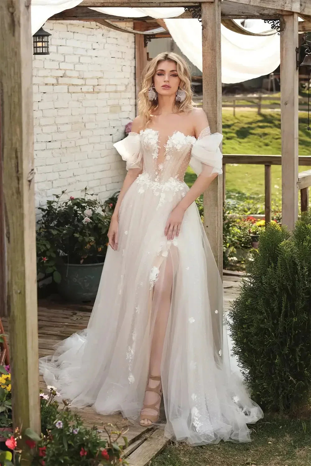 Boho Off The Shoulder V-neck 3D Flower A Line Wedding Dresses Side Slit Custom Made Bridal Gown