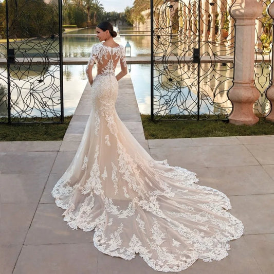 Boho Sheer O-neck Mermaid Wedding Dress with Lace Appliques