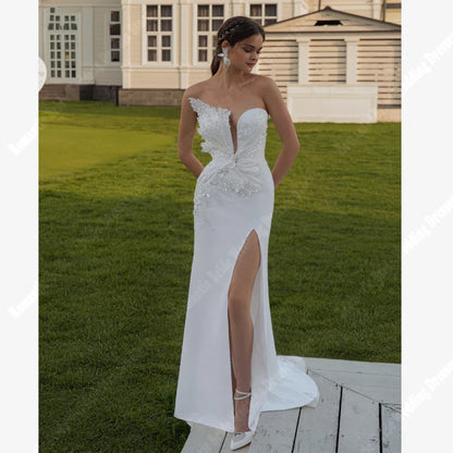 Celebrity Satin Mermaid Women Bridal Gowns Floral Print Wedding Dresses