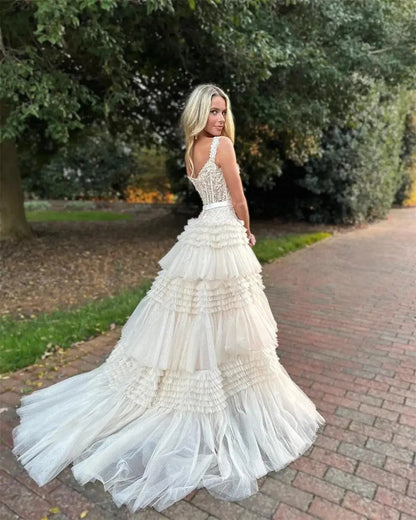 Customized Wedding Dresses Wrinkle V-neck Sleeveless Tulle Flowers
