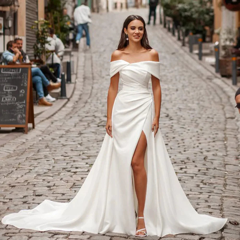 Elegant Off The Shoulder Satin Wedding Dresses with Side Slit