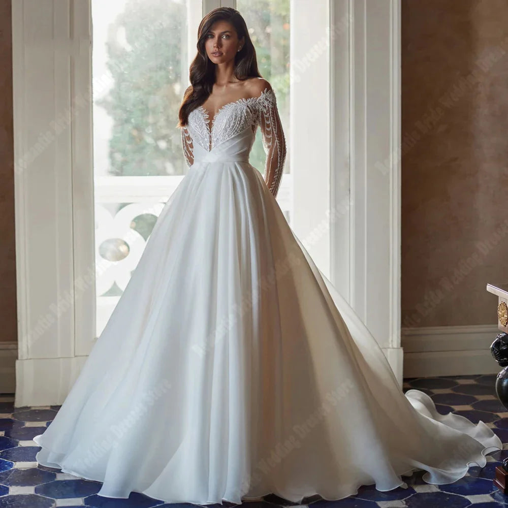 Elegant V-Neck Wedding Dress for Women A-Line Backless Gowns