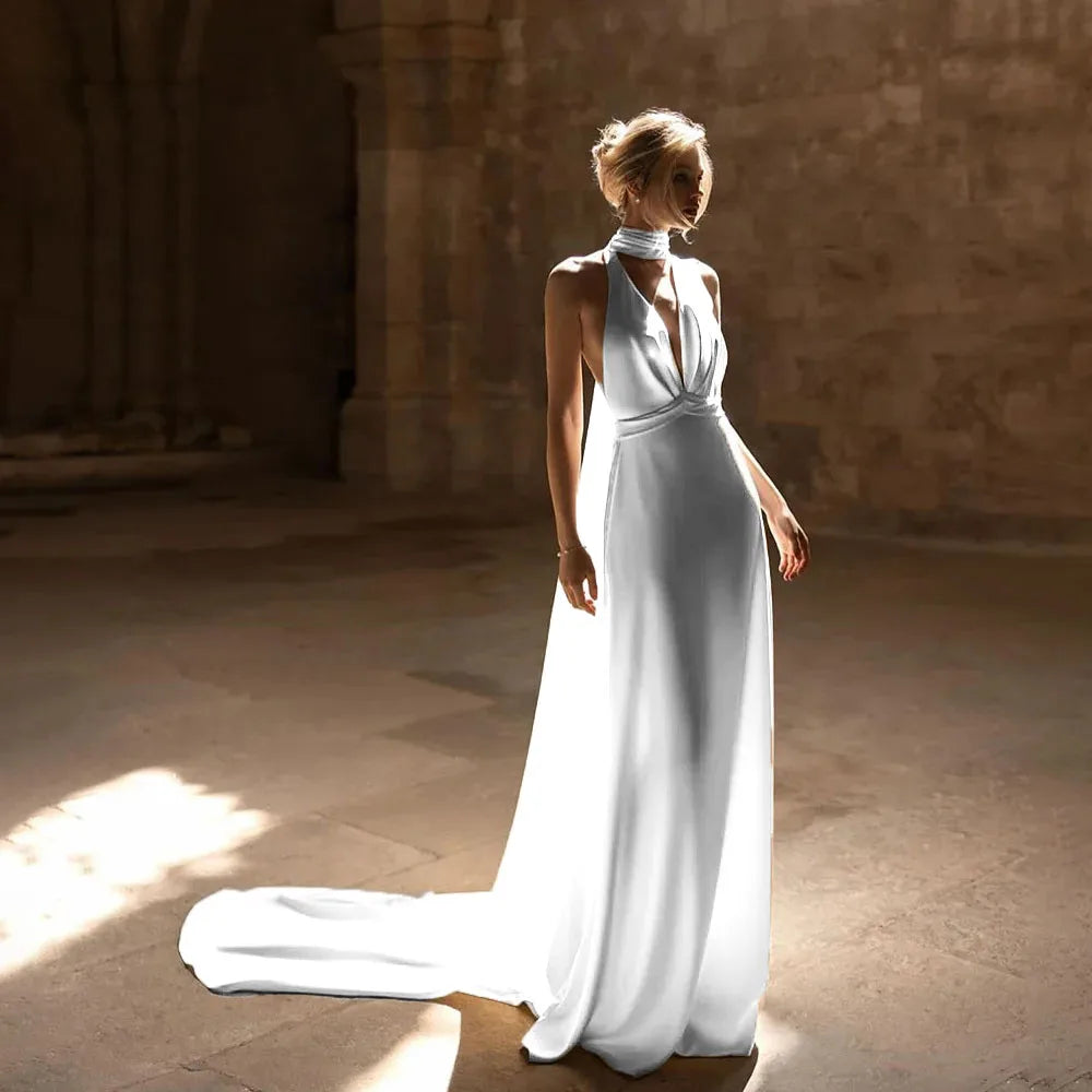 Halter Satin Sleeveless Deep V-Neck Wedding Dress Sexy Mermaid Backless Wedding Gown for Bridal