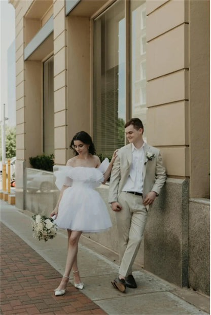 White Mini Wedding Dress For Bride Plus Size A Line Off Shoulder Ruffle Gowns