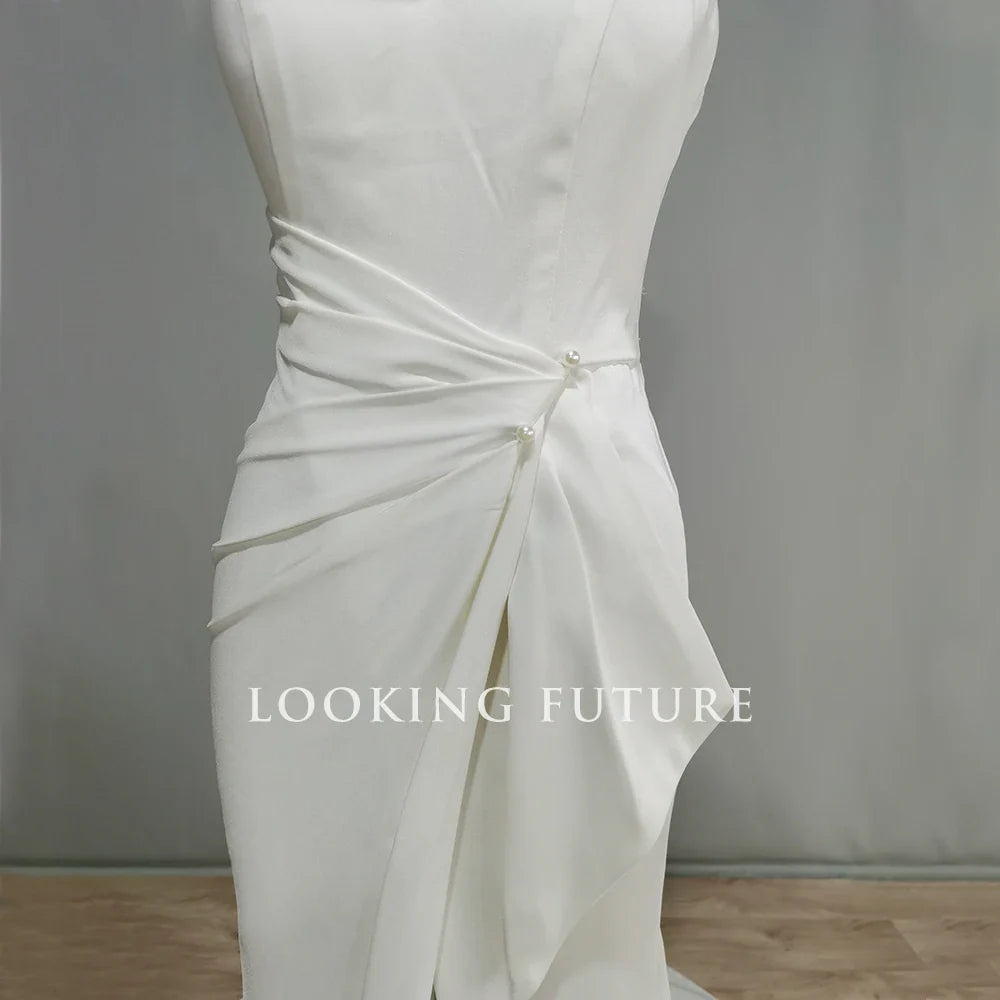 Customized Mermaid Satin Wedding Dress Backless Side Slit Boho Bridal Gown