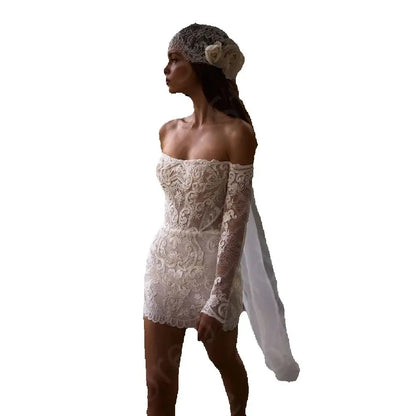 Customized Gorgeous Wedding Dresses Two Pieces Bridal Gowns Off Shoulder Sleeve Lace Gown with Skirt