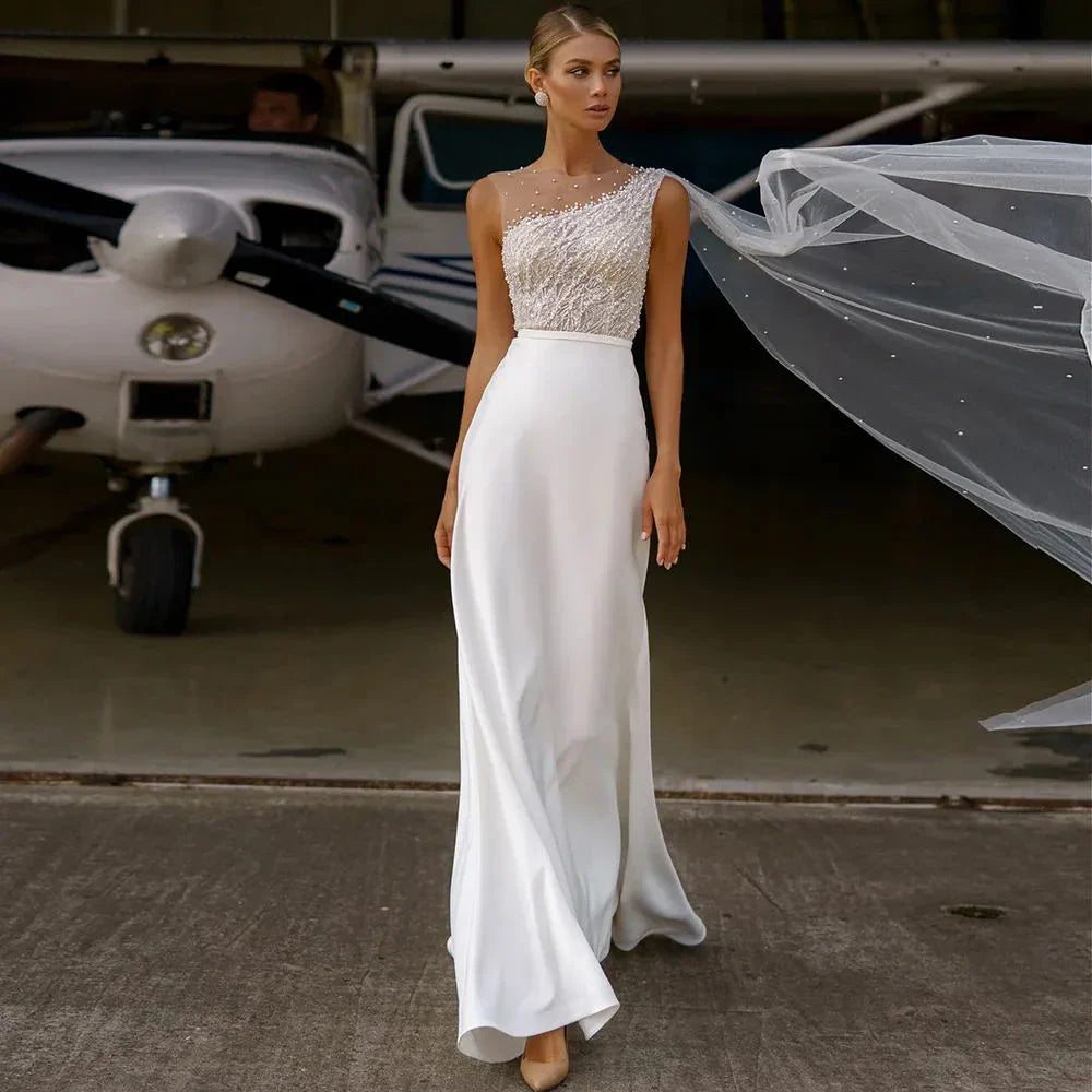 Bright Chiffon Women Wedding Dresses Lace Printing Bridal Gowns Sleeveless Customized