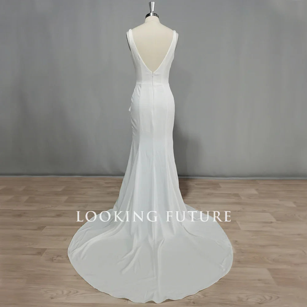Customized Mermaid Satin Wedding Dress Backless Side Slit Boho Bridal Gown