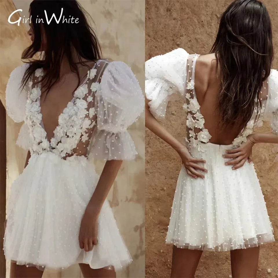 Customized Short Wedding Dress With Plunging V-Neck Pearls Flowers Mini Bridal Gown