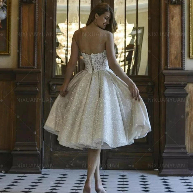 Shiny Short Wedding Dress Lace Appliqued Bridal Gowns Glamorous Princess Party Off The Shoulder Beach
