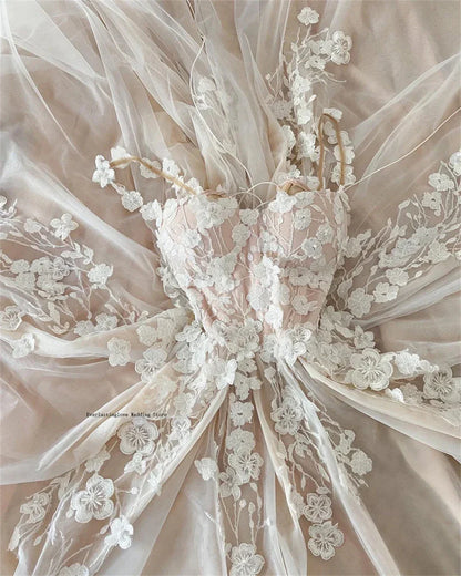 Charming Two Straps 3D Flower Lace Applique Bridal Gown A Line Wedding Dresses Custom Made