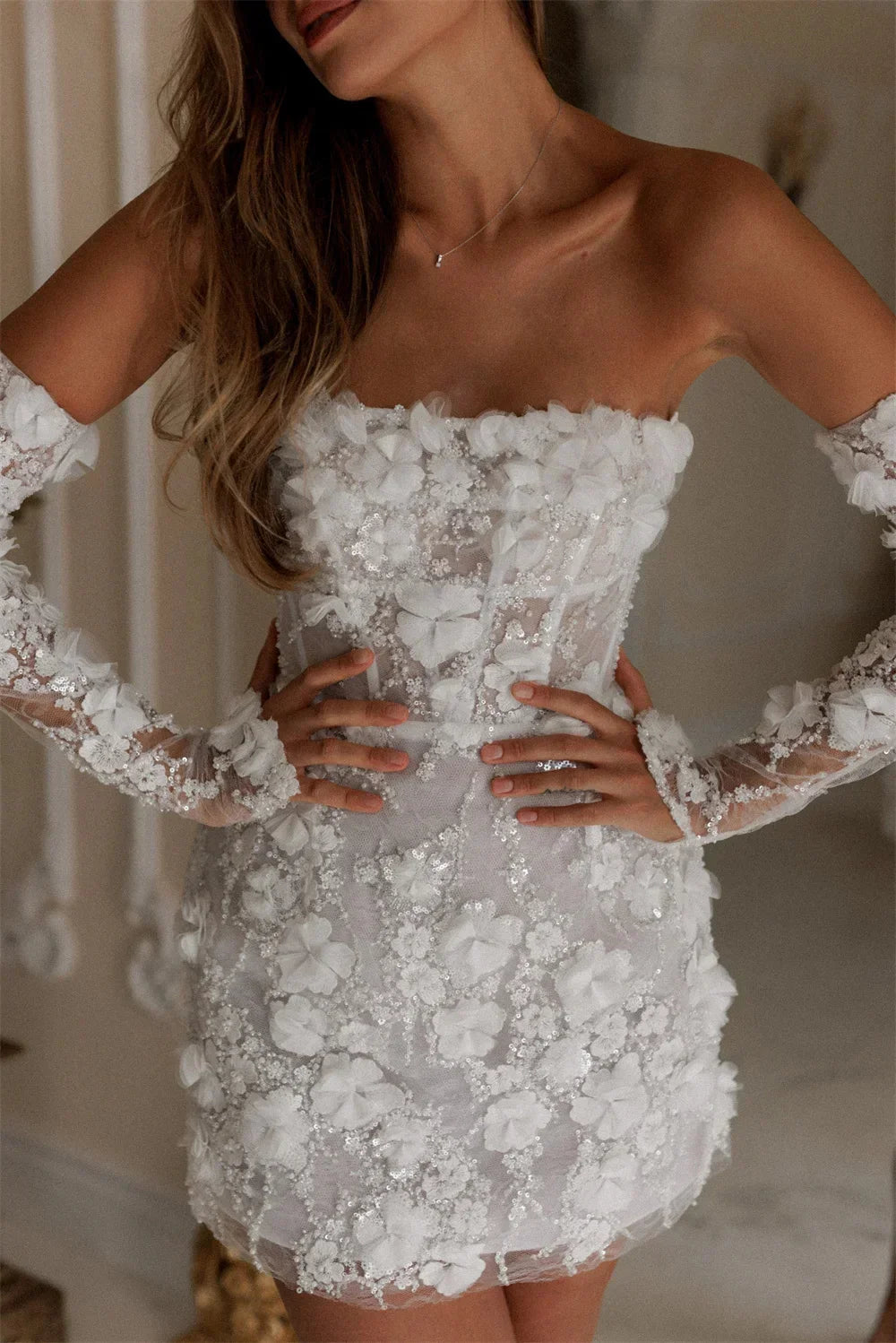 Customized Beaded Mini 3D Flower Wedding Dress Off Shoulder Detachable Sleeves Lace-Up Back Bridal Gown