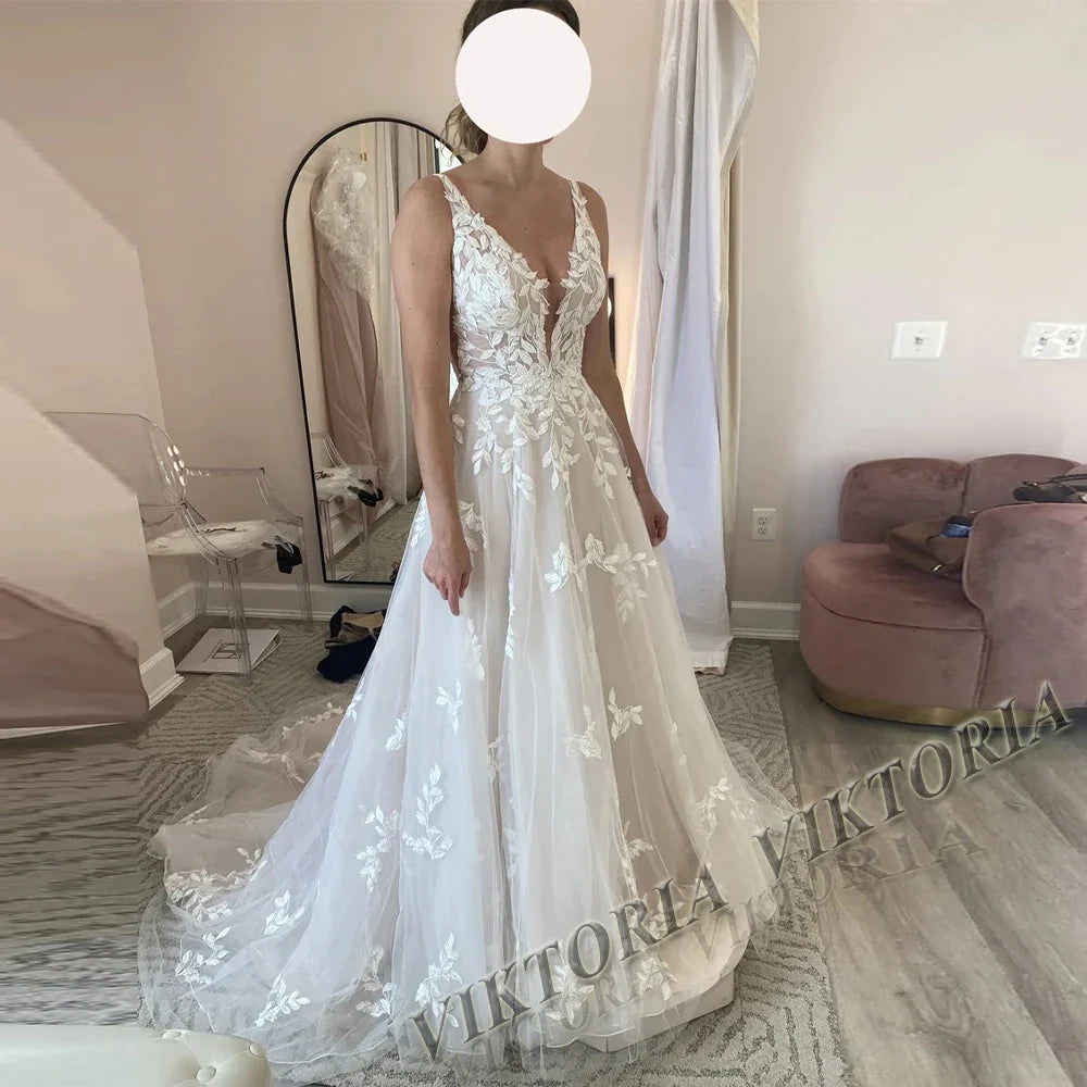 VIKTORIA Vintage Backless Wedding Dresses For Woman Spaghetti Straps Lace Appliques