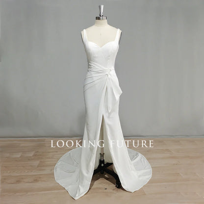 Customized Mermaid Satin Wedding Dress Backless Side Slit Boho Bridal Gown
