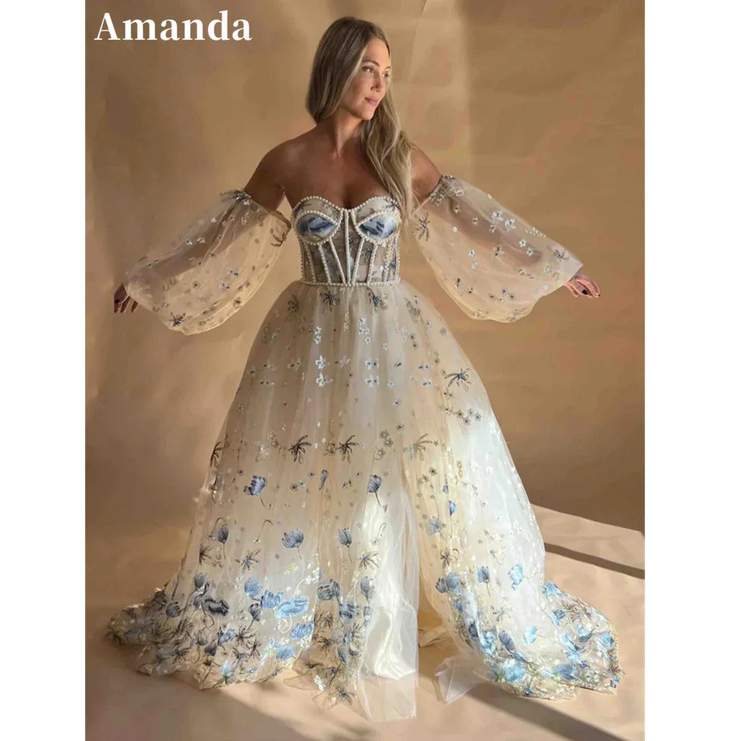 Amanda Princess Flower Lace A-Line Wedding Dress Puffy Sleeve Side Split Bridal Gown