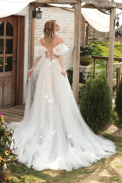 Boho Off The Shoulder V-neck 3D Flower A Line Wedding Dresses Side Slit Custom Made Bridal Gown