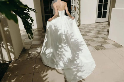Chic White Satin Mermaid Wedding Dresses with Long Train