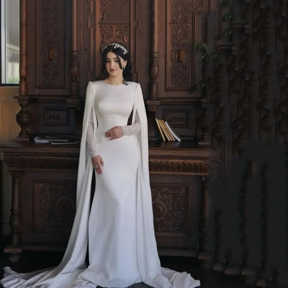 Flavinke Customized Satin Muslim Wedding Dresses O Neck Lace Long