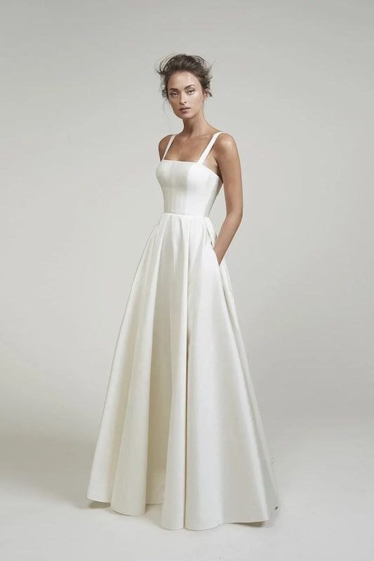 Simple Wedding Dresses With Pockets Long Satin Spaghetti Straps Gowns
