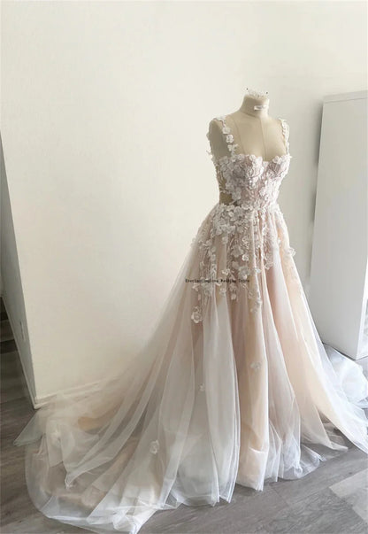 Charming Two Straps 3D Flower Lace Applique Bridal Gown A Line Wedding Dresses Custom Made
