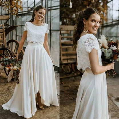 Customized Bohemian Wedding Dresses Two Pieces Lace Top Gown