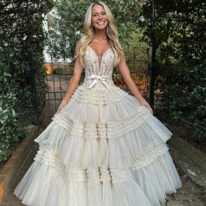 Customized Wedding Dresses Wrinkle V-neck Sleeveless Tulle Flowers