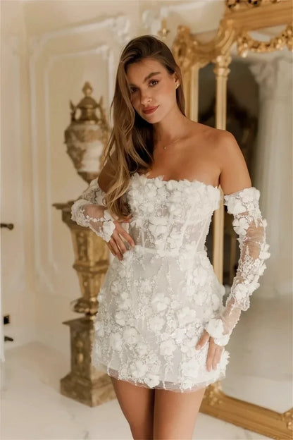 Women's Short Wedding Dresses Lace Floral Appliques Bridal Gown Strapless with Long Sleeves Prom Dress