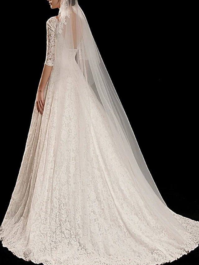 A-Line Wedding Dresses V Neck Sweep / Brush Train Lace 3/4 Length Sleeve Formal Romantic Vintage with Pleats - RongMoon