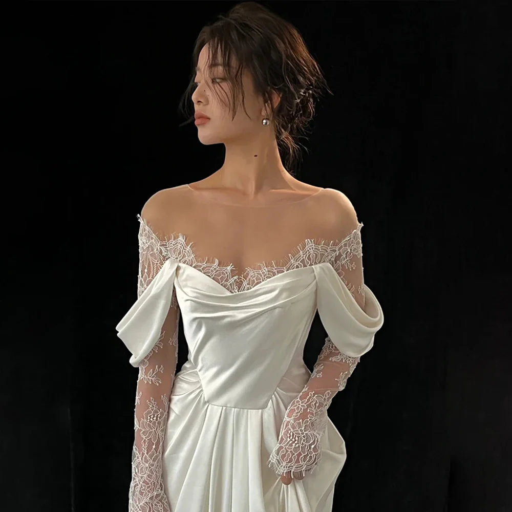 Customized Illusion Tulle Off Shoulder Lace Wedding Gowns A Line Long Sleeves Ruched Satin Bridal Dress