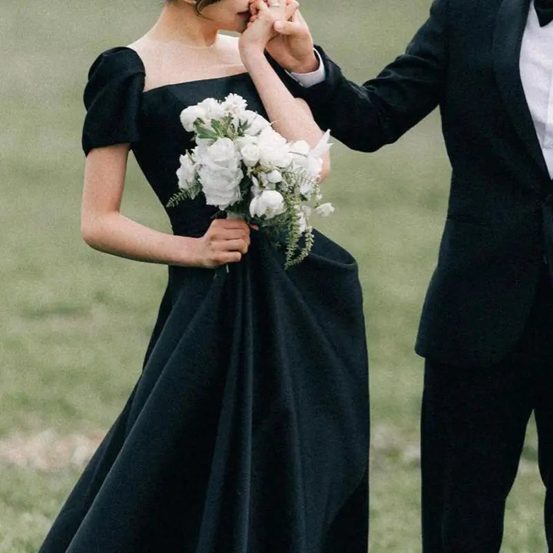 Elegant A Line Wedding Dresses Vintage Square Collar Bridal Dress with Short Sleeve Customized