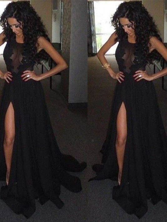 A-Line/Princess Scoop Sleeveless Satin Chiffon Sweep/Brush Train Dresses - RongMoon