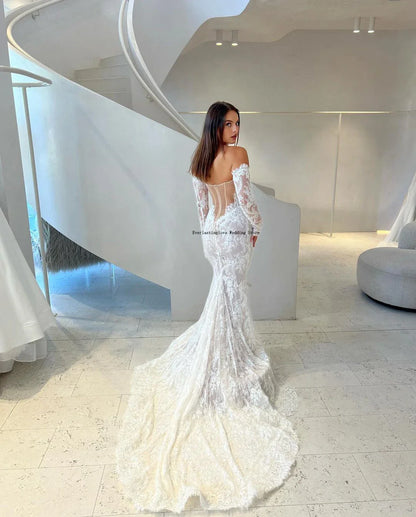 Sexy See Through Back Long Sleeves Lace Mermaid Wedding Dresses