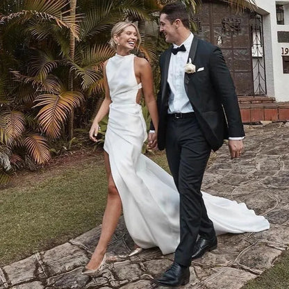 Customized Satin O-Neck Sleeveless Mermaid Wedding Dress with Side Slit Backless Bridal Gown