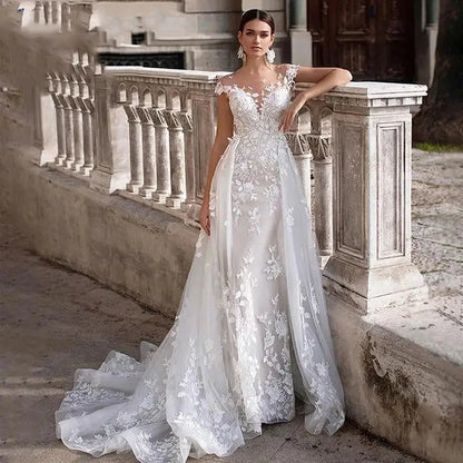 Customized Wedding Dress Short Sleeves Lace Appliques Mermaid Gown