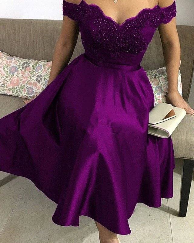 Tea Length Bridesmaid Dresses Lace Appliques Off Shoulder - RongMoon