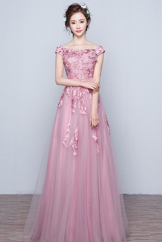 Awesome A-line Off-the-shoulder Lace Applique Lace-up Floor-length Tulle Evening Dresses