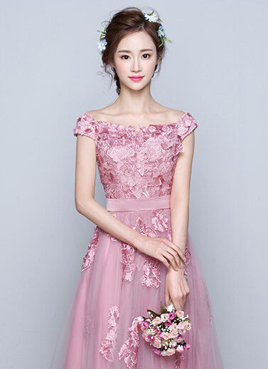 Awesome A-line Off-the-shoulder Lace Applique Lace-up Floor-length Tulle Evening Dresses