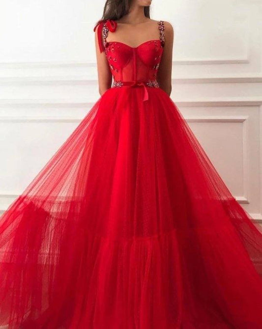 Red Prom Dresses A-line Spaghetti Straps Tulle Beaded Dubai Saudi Arabic Long Robe De Soiree Prom Gown Evening Dresses - RongMoon