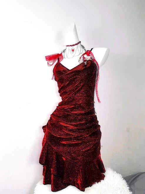 Retro Glitter Burgundy Spaghetti Strap 18th Birthday Party Dress Homecoming Dress HZ1024