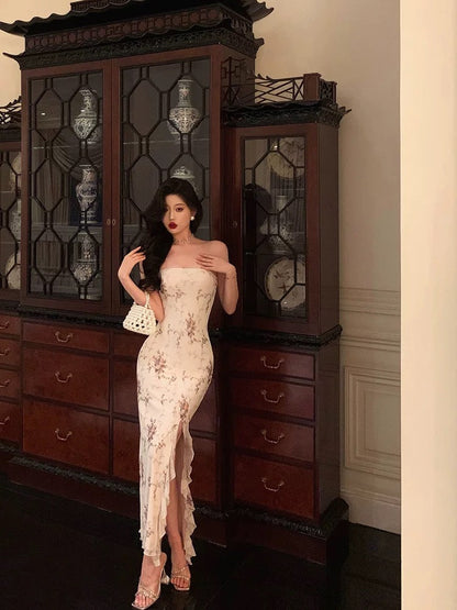 Classy Sheath Strapless Floral Ivory Long Prom Dresses Birthday Outfits Evening Gown SD1001