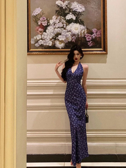 Sexy Sheath V Neckline Floral Blue Prom Dresses Birthday Outfits Evening Gown SD1028