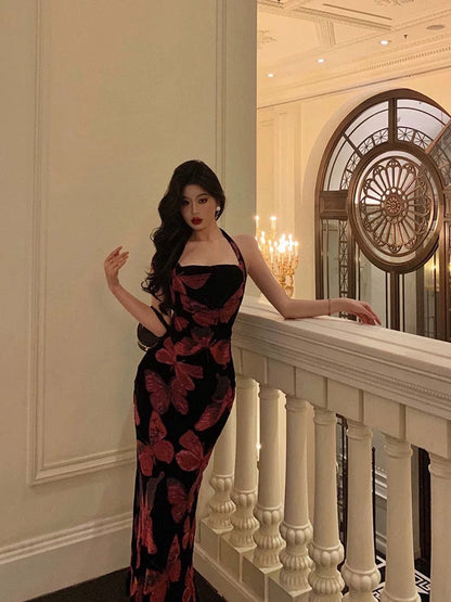 Sexy French Sheath Halter Floral Prom Dresses Birthday Outfits Evening Gown SD1041