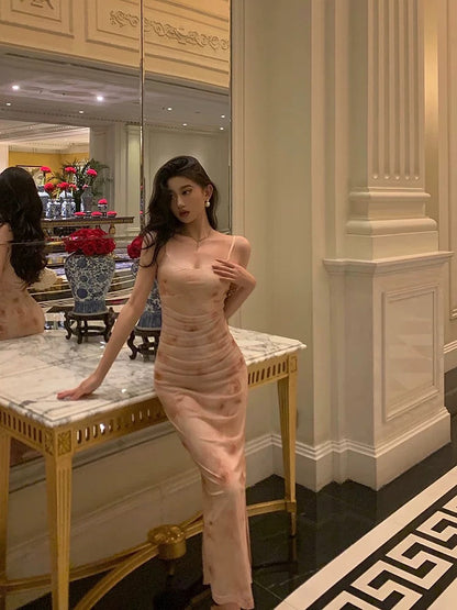 Gorgeous Mermaid Spaghetti Straps Pink Floral Date Night Dress Prom Dresses Birthday Outfits SD1093